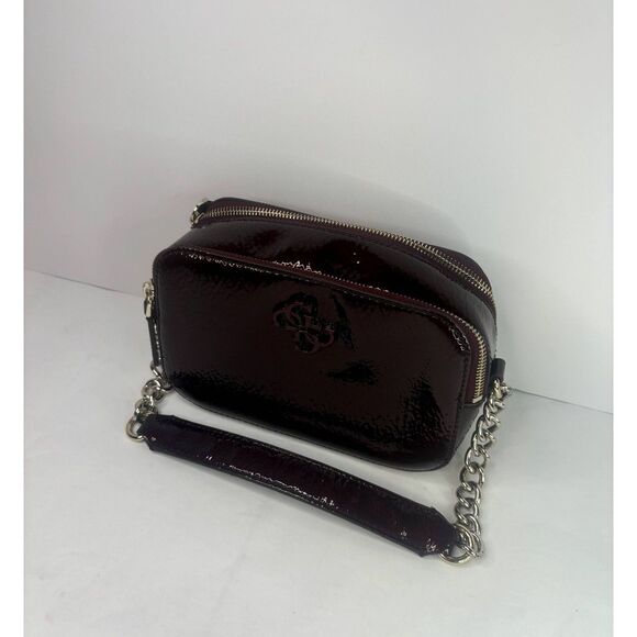 Guess Noelle Shiny Leather Women Shoulder Hand Bag Merlot Burgundy Silver Chain - Picture 3 of 13